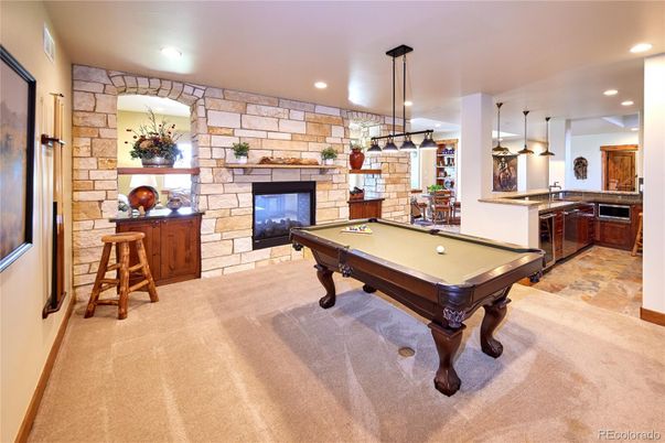 Billiard Table, Fireplace, Game Room, Interior, Pendant Lights, Recessed Lighting, Stone Walls