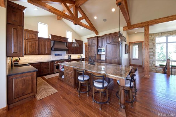 Interior, Kitchen, Pendant Lights, Recessed Lighting, Stainless Steel Appliances, Wooden Beams, Wood Texture Flooring