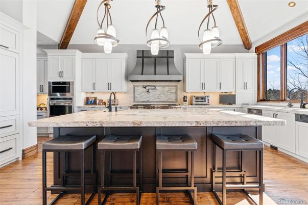 Interior, Kitchen, Pendant Lights, Recessed Lighting, Stainless Steel Appliances, Wooden Beams, Wood Texture Flooring