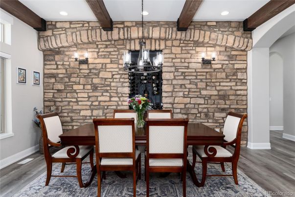 Dining room, Interior, Pendant Lights, Recessed Lighting, Stone Walls, Wooden Beams, Wood Texture Flooring