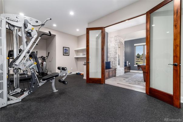 Fitness Equipment, Gym, Interior, Recessed Lighting, Wood Texture Flooring