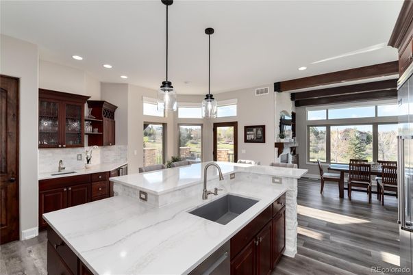 Dining room, Interior, Kitchen, Pendant Lights, Recessed Lighting, Wood Texture Flooring
