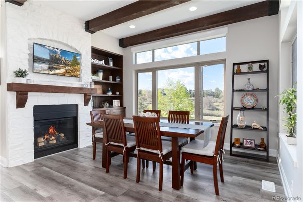 Dining room, Fireplace, Interior, Recessed Lighting, Wooden Beams, Wood Texture Flooring