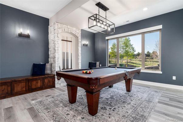 Billiard Table, Game Room, Interior, Pendant Lights, Recessed Lighting, Wood Texture Flooring