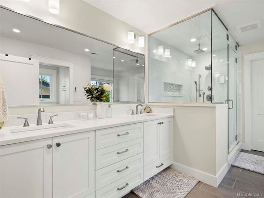 Bathroom, Dual Sink Vanities, Glass Shower, Interior, Recessed Lighting