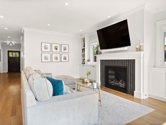 Fireplace, Interior, Living room, Recessed Lighting, Wood Texture Flooring