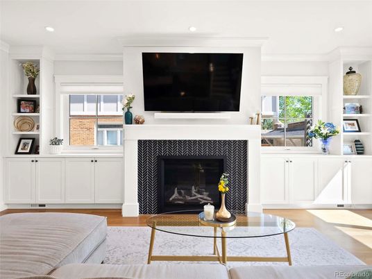 Fireplace, Interior, Living room, Recessed Lighting, Wood Texture Flooring