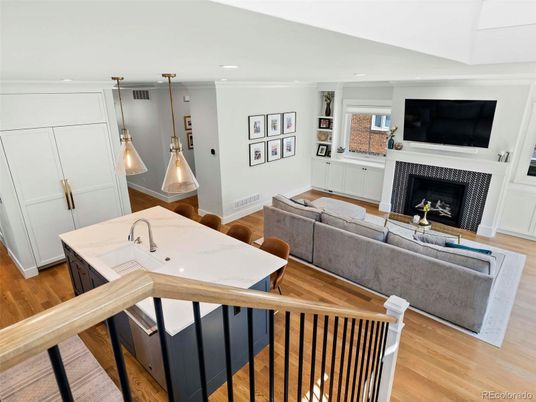 Fireplace, Interior, Living room, Pendant Lights, Recessed Lighting, Wood Texture Flooring
