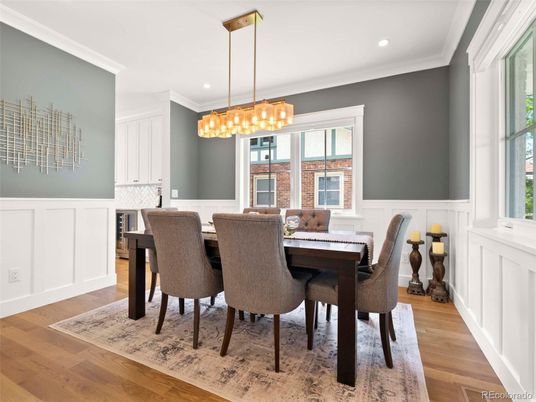 Dining room, Interior, Pendant Lights, Recessed Lighting, Wood Texture Flooring