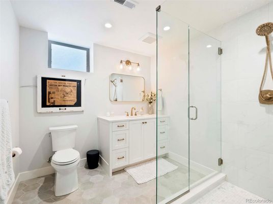 Bathroom, Glass Shower, Interior, Marble Walls, Recessed Lighting