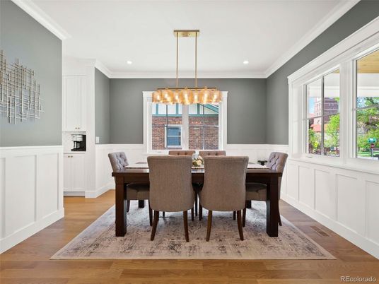 Chandelier, Dining room, Interior, Pendant Lights, Recessed Lighting, Wood Texture Flooring