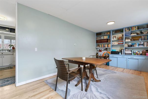 Dining room, Interior, Recessed Lighting, Wood Texture Flooring