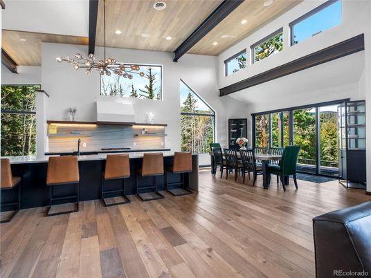 Dining room, Interior, Pendant Lights, Recessed Lighting, Wooden Beams, Wooden Ceilings, Wood Texture Flooring