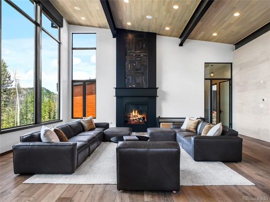 Fireplace, Interior, Living room, Recessed Lighting, Wooden Beams, Wooden Ceilings, Wood Texture Flooring