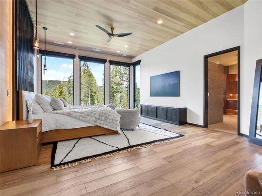 Bedroom, Interior, Pendant Lights, Recessed Lighting, Wood Texture Flooring