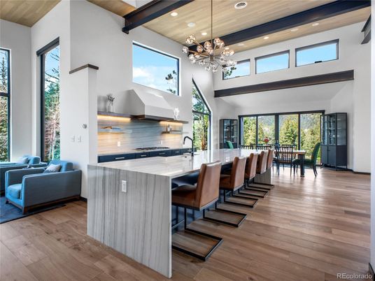 Dining room, Interior, Kitchen, Living room, Pendant Lights, Recessed Lighting, Wooden Beams, Wooden Ceilings, Wood Texture Flooring