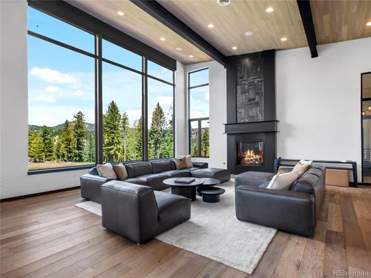 Fireplace, Interior, Living room, Recessed Lighting, Wooden Ceilings, Wood Texture Flooring