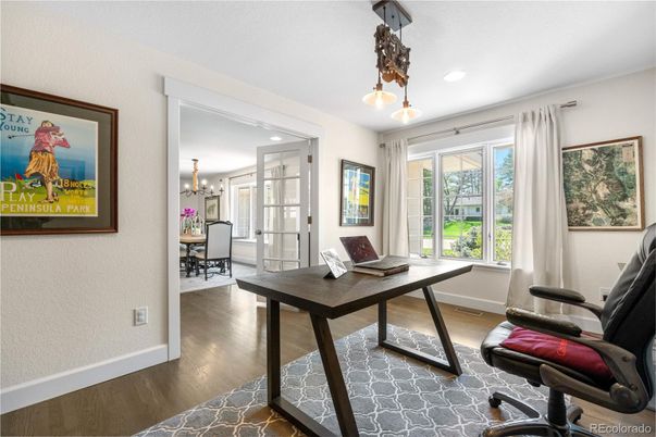 Home Office, Interior, Pendant Lights, Recessed Lighting, Wood Texture Flooring