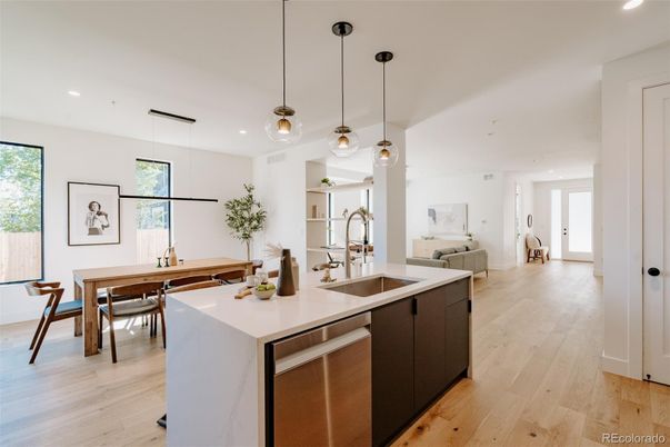 Dining room, Interior, Kitchen, Pendant Lights, Recessed Lighting, Wood Texture Flooring