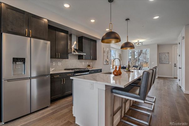 Interior, Kitchen, Pendant Lights, Recessed Lighting, Stainless Steel Appliances, Wood Texture Flooring
