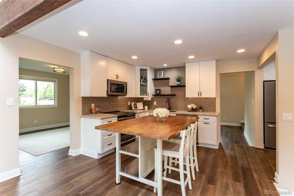 Interior, Kitchen, Recessed Lighting, Stainless Steel Appliances, Wooden Beams, Wood Texture Flooring