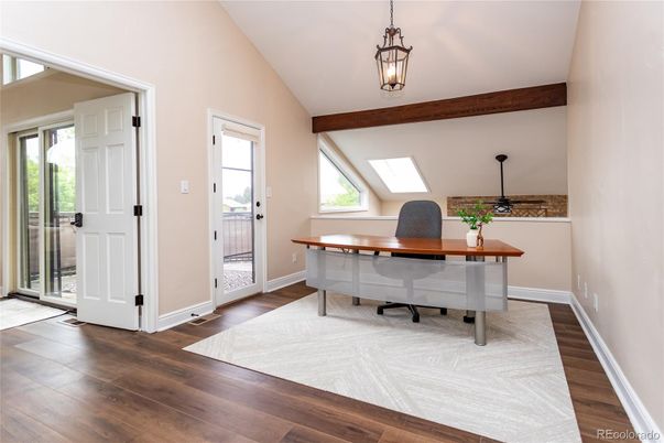 Home Office, Interior, Pendant Lights, Wooden Beams, Wood Texture Flooring