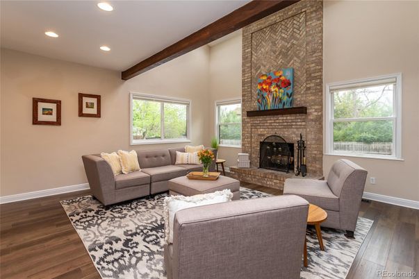Fireplace, Interior, Living room, Recessed Lighting, Stone Walls, Wooden Beams, Wood Texture Flooring
