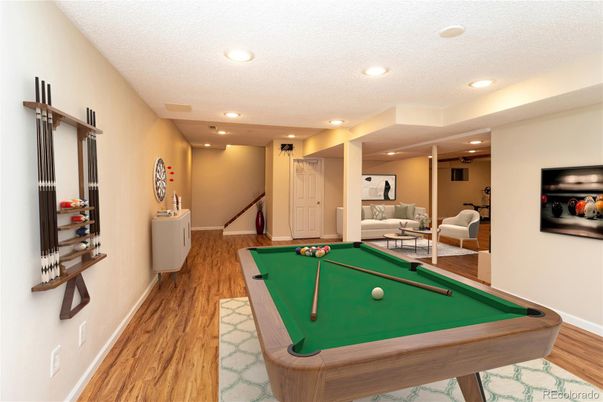 Billiard Table, Game Room, Interior, Recessed Lighting, Wood Texture Flooring