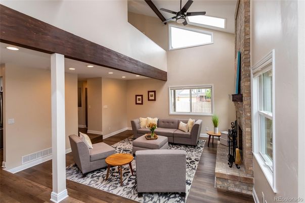 Fireplace, Interior, Living room, Recessed Lighting, Wooden Beams, Wood Texture Flooring