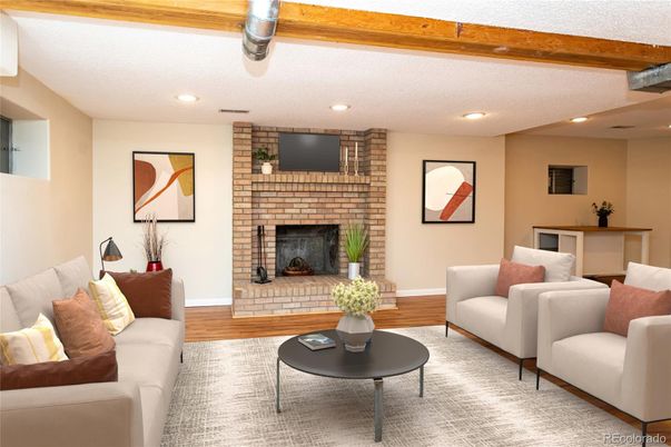 Fireplace, Interior, Living room, Recessed Lighting, Stone Walls, Wooden Beams, Wood Texture Flooring