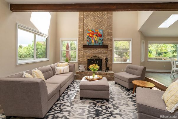 Fireplace, Interior, Living room, Pendant Lights, Stone Walls, Wooden Beams, Wood Texture Flooring