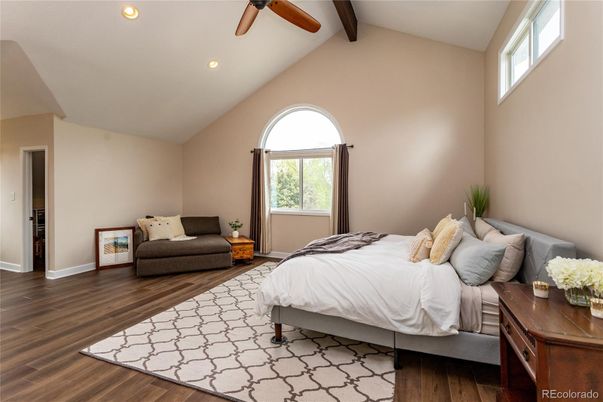 Bedroom, Interior, Recessed Lighting, Wooden Beams, Wood Texture Flooring