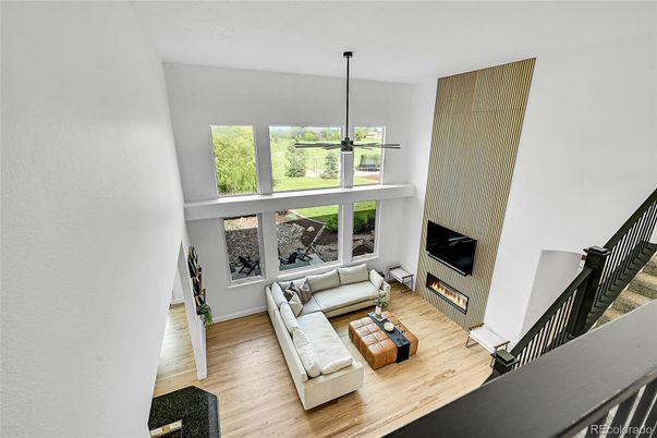 Fireplace, Interior, Living room, Pendant Lights, Wood Texture Flooring