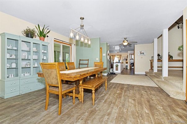 Dining room, Interior, Pendant Lights, Wood Texture Flooring