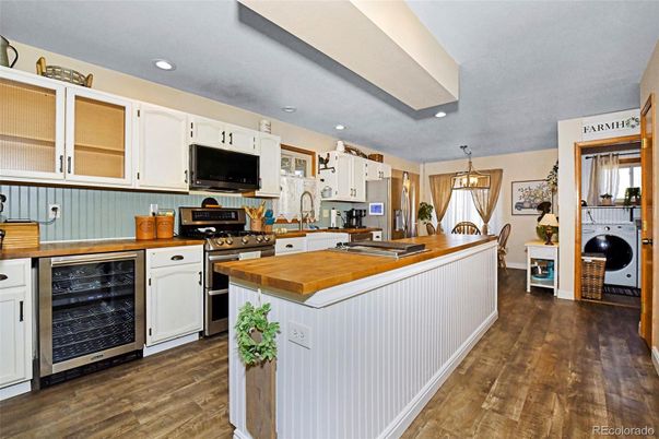 Interior, Kitchen, Pendant Lights, Recessed Lighting, Washer, Wood Texture Flooring