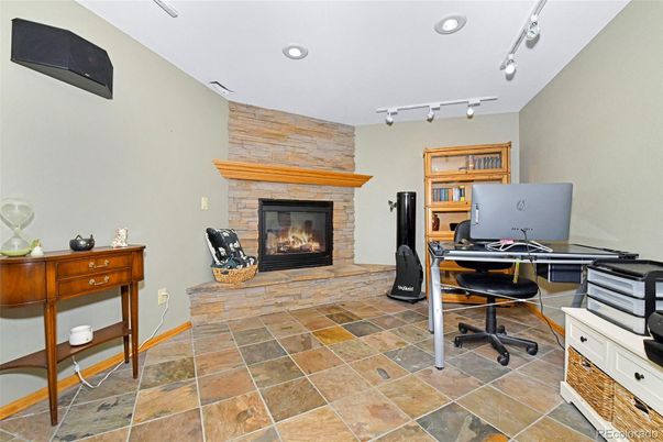 Fireplace, Home Office, Interior, Recessed Lighting, Wooden Walls