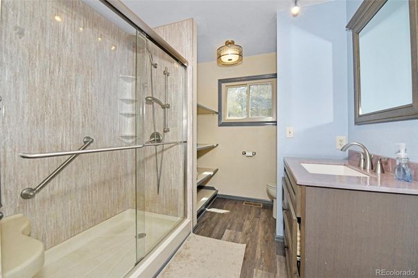 Bathroom, Glass Shower, Interior, Wood Texture Flooring