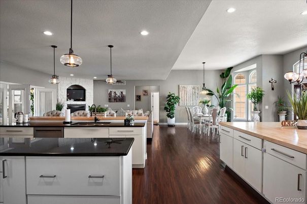Dining room, Interior, Kitchen, Living room, Pendant Lights, Recessed Lighting, Wood Texture Flooring