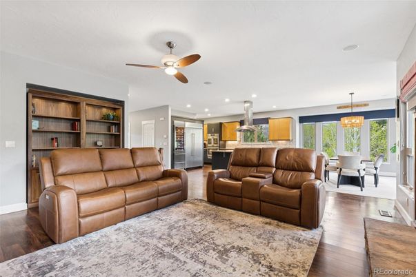 Dining room, Interior, Kitchen, Living room, Pendant Lights, Recessed Lighting, Stainless Steel Appliances, Wood Texture Flooring