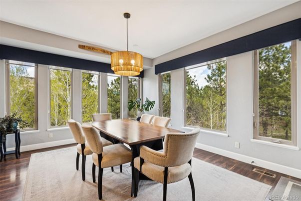 Chandelier, Dining room, Interior, Pendant Lights, Wood Texture Flooring