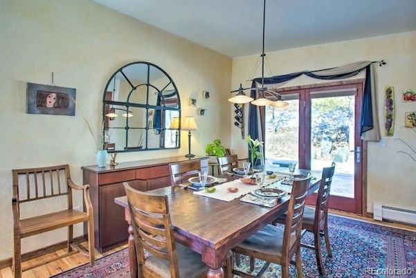 Dining room, Interior, Pendant Lights, Wood Texture Flooring