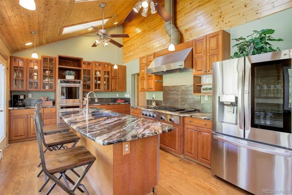 Interior, Kitchen, Pendant Lights, Recessed Lighting, Stainless Steel Appliances, Wooden Ceilings, Wood Texture Flooring