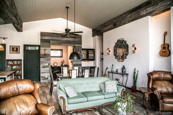 Dining room, Interior, Living room, Pendant Lights, Wooden Beams