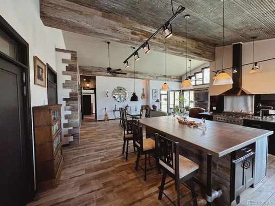 Dining room, Interior, Kitchen, Pendant Lights, Wooden Ceilings, Wood Texture Flooring