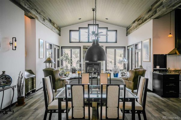 Dining room, Fireplace, Interior, Pendant Lights, Wooden Beams, Wood Texture Flooring