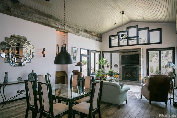 Dining room, Fireplace, Interior, Living room, Pendant Lights, Wooden Ceilings, Wood Texture Flooring