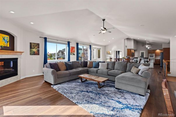 Dining room, Fireplace, Interior, Living room, Recessed Lighting, Wood Texture Flooring