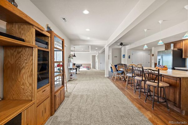 Dining room, Interior, Kitchen, Pendant Lights, Recessed Lighting, Wood Texture Flooring