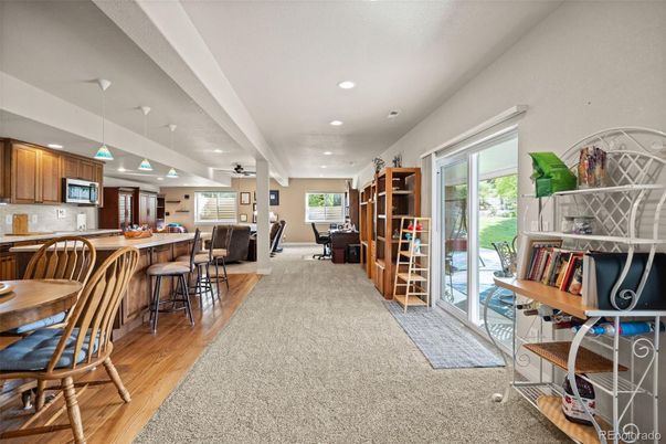 Dining room, Interior, Kitchen, Pendant Lights, Recessed Lighting, Wood Texture Flooring
