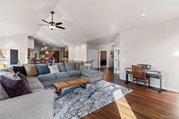 Dining room, Interior, Kitchen, Living room, Recessed Lighting, Wood Texture Flooring